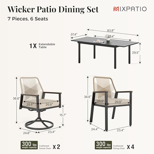Image of MIXPATIO Patio Dining Set, Extendable Metal Table, 6 Rattan Chairs, Beige