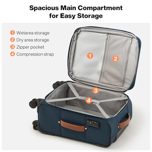 mixi Valise à main extensible de 20 pouces avec poche avant, valises de voyage légères à roulettes approuvées par les compagnies aériennes 22x14x9 avec roulettes et TSA (bleu foncé-blanc cassé) – Image 3