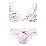 CHICTRY Men's 2 Pcs Sissy Lingerie Set Satin Frilly Bra Top with Panties Crossdresser Nightwear White X-Large