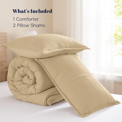 Image of PHF Soft Waffle Comforter Set King Size- Comfy Breathable Waffle Weave Comforter with 2 Pillow Shams, 3 Pieces Less Snagging Lightweight Textured Bedding Set for All Season, Light Khaki