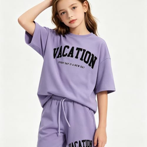 Image of Size 6-12 Years Girl's Tracksuit Sets 2 Piece Outfits Letter Print Vacation Tee Top and Drawstring Waist Shorts