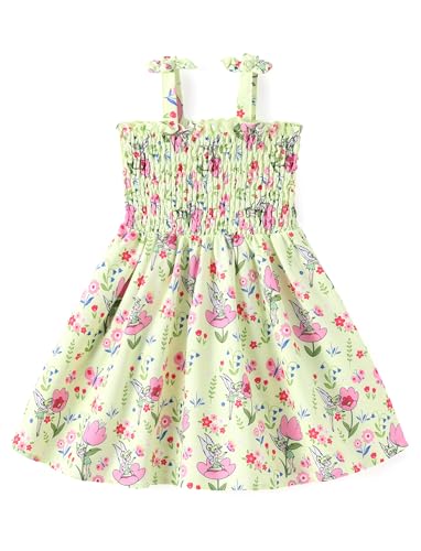 Disney Tinker Bell Toddler Girl Dress Light Green Floral Fairy Garden Print Bow Tie Straps Smocked Sundress Birthday Park Summer Outfit Clothes 3-4T