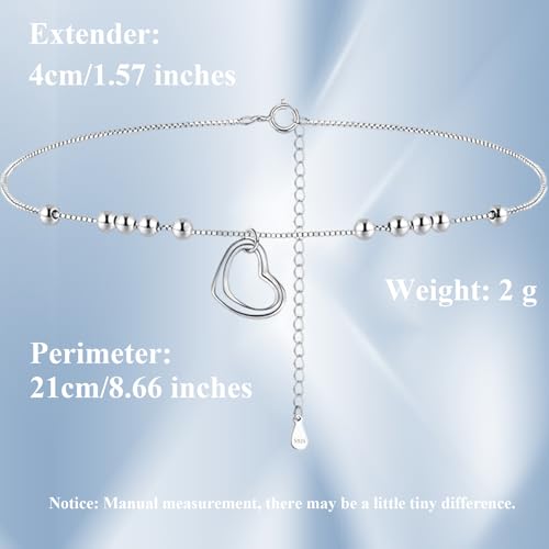 QttvbTna 925 Sterling Silver Women's Anklets, Heart Love Beaded Ankle Bracelets for Women, Sterling Silver Ankle Bracelets for Women, Adjustable Beach Foot Chain Jewelry Gift for Summer Day - Image 3