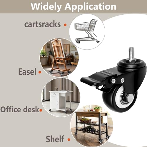 Heavy Duty Swivel Caster Wheels with Dual Brake, 2-in M8x15mm, 12 Pcs | 400 lb Capacity, 360 Degree Polyurethane Locking Casters, No Noise, M8 Threaded Stem Wheels for Desk Workbench Cart