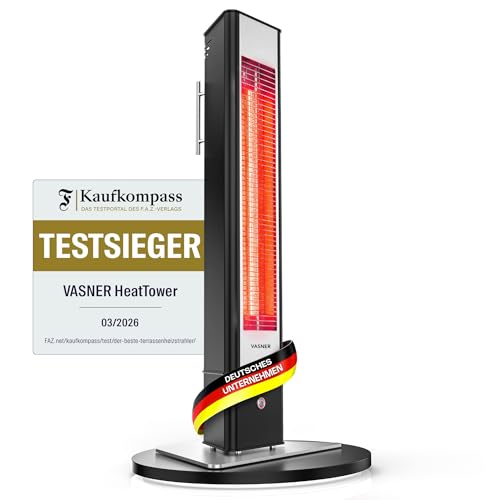 VASNER HeatTower Wärmestrahler – Infrarot Standheizstrahler 2500 Watt - Heizstrahler Terrasse elektrisch 4 Heizstufen - Elektro Heizstrahler Outdoor - Terrassenstrahler Infrarot inkl. Fernbedienung