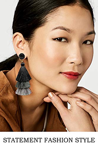 Black Grey Tiered Statement Tassel Earrings Studs Layered Fringe Black Tassel Dangle Drop Earrings for Women Boho Jewelry Birthday Party Christmas Gift - Thumbnail 2
