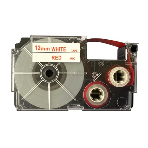 Image of LIVYU LIFE 12mm Label Printer Tape Compatible Label Tape Replacement for Casio KL-820, KL-G2, KL-HD1, KL-120, KL130 Ez Label Maker (Red Ink on White Tape- 1 Pcs)