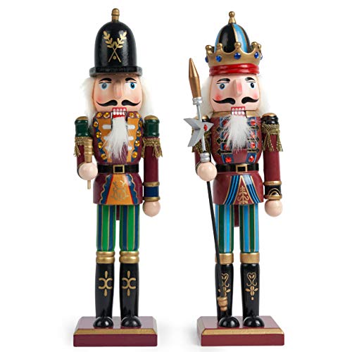 2 Piezas Cascanueces de Navidad de Madera, 30cm| Material de Pino y Madera Premium, Robusto, Colores Festivos| Marioneta de Navidad, Adornos de Decoración de Navidad Tradicionales Clásicos.