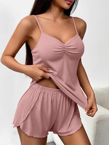 Image of Ekouaer Womens Cami Pajama Sets 2 Piece Ribbed Knit Lingerie Sleeveless Tank Top and Shorts Camisole Pjs Sleepwear
