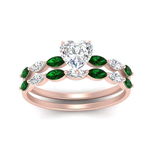 Image of 55Carat Choose Your Gemstone Single Prong Marquise Diamond CZ Ring and Band Rose Gold Plated Heart Shape Wedding Ring Sets Matching Jewelry Wedding Jewelry Easy to Wear Gifts US Size 4 to 12