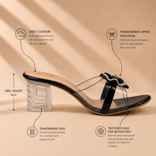 Image of Women's Transparent Block Heel Sandals with Rhinestone Bow, Clear Strap Slip-On Party Heels for Women