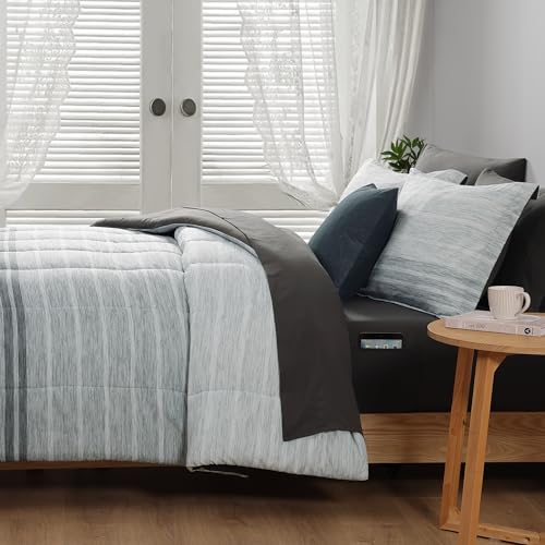 Image of Monbix Twin XL Comforter Set - Extra Long 5 Pieces Dorm Bedding Sets, Grey-Stripe Bedding Sets, All Seasons Comforter Bed Set with Sheets, Pillowcase & Sham