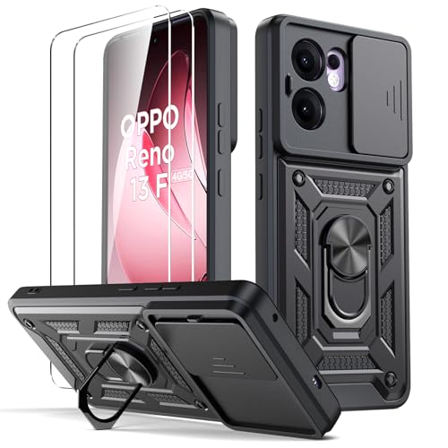 Oududianzi - Funda para OPPO Reno 13 F/OPPO Reno 13 FS 5G[2 Protector Vidrio Templado], con Cubierta Deslizante de la Cámara, Soporte Giratorio de 360 ° y Funda Protectora TPU de Silicona - Negro