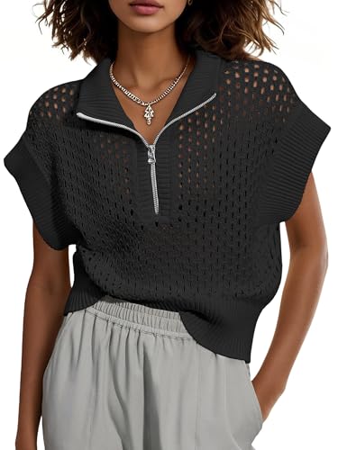 Women's Hollow Out Cap Sleeve Sweaters Vest Summer Crochet Tops Half Zip Ribbed Pullover Tank Tops