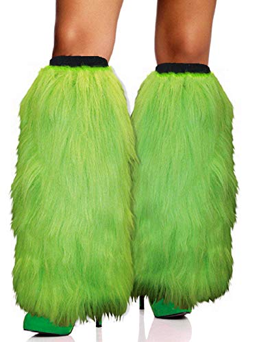 FHQHTH Fuzzy Faux Fur Leg Warmers Fur Heels Long Boots Cuff Cover has Elasticity One Pair Dionysia Boot cover Carnival 18' [Green, Large]