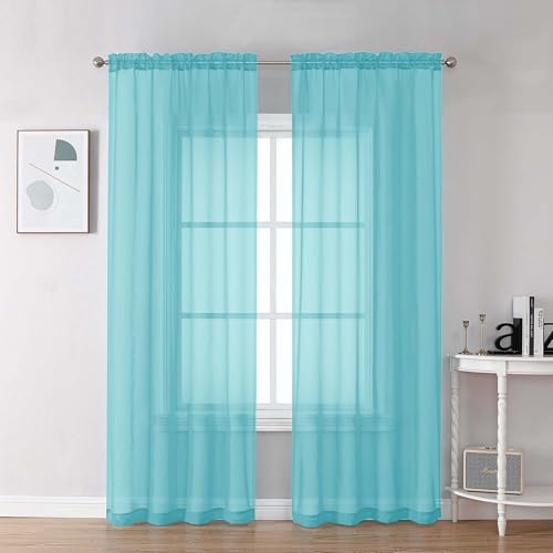 Image of Chyhomenyc Aqua Sheer Curtains 84 Inches Long 2 Panels Set, Light Filtering Soft Airy Window Curtains, Rod Pocket for Living Room Bedroom Window Drapes, 42Wx84L Inch, 2PCS