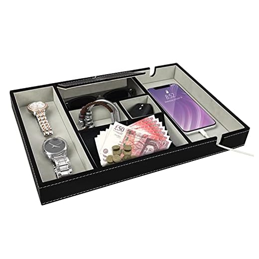 BELLE VOUS Bandeja para Dejar Llaves Cuero Sintético Negro 6 Compartimentos Organizador Cómoda/Mesa de Noche - Bandeja Llaves, Billetera, Teléfono, Joyas, Accesorios Hombre, Dinero, Gemelos
