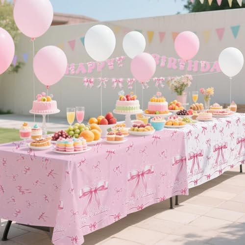 Image of Gatherfun Pink Bow-Themed Party Supplies Set for Women: Happy Birthday & Bachelorette Decorations Combo - Includes 2 Disposable Tablecloths (54 x 108 inch) for Birthday & Tea Party Decorations
