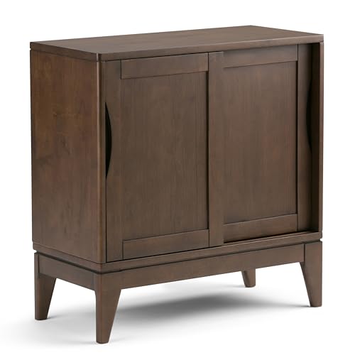 SIMPLIHOME Harper Storage Cabinet - 30 inch Wide Solid Hardwood 2-Shelf Low Console Cabinet in Walnut Brown, Mid-Century Modern Cupboard for Living Room with Sliding Doors and Adjustable Shelves