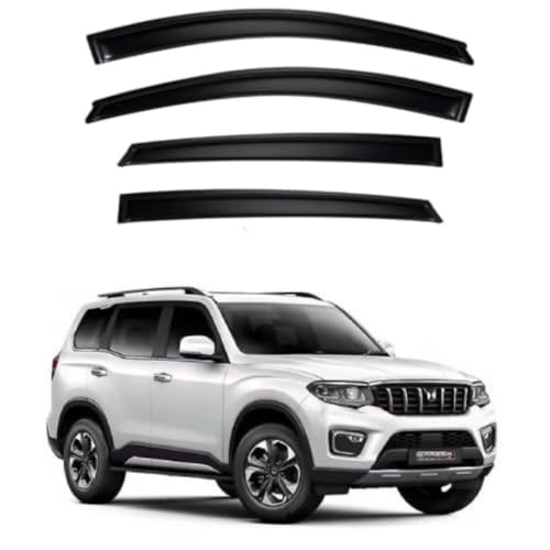 Image of Premium Smoke Car Door Visor Front+Rear Sun /Rain Guard Outside Mount Tape-On Window Visors Compatible with Mahindra Scorpio-N (2026)