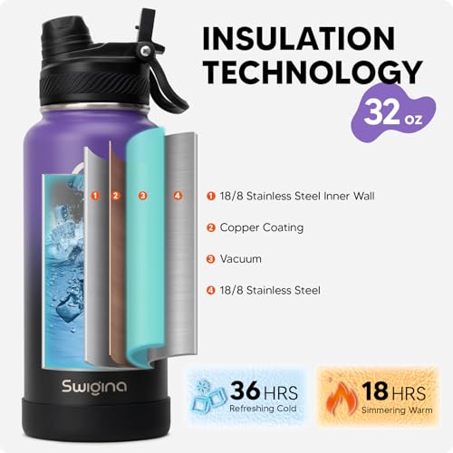 Image of Swigina [2-IN-1 LID] Insulated Water Bottle with Silicone Boot (36hrs Cold /18hrs Hot) - DIY Stickers, Leakproof, BPA Free, 32 oz