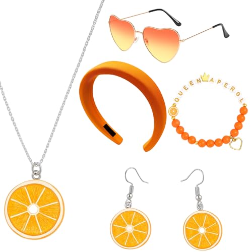 BrKern 5 Stück Aperol Spritz Kostüm Accessoires Damen, Inklusive Haarreif Sonnenbrille Orange Ohrringe Halskette Armband Perfekt als Aperol Geschenke für Frau Karneval Orange Partys
