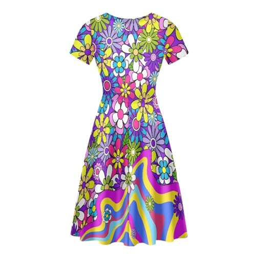 Image of POLERO Sunflower Dress for Women Floral Summer Dresses Short Sleeve Casual Sundresses Midi Dresses