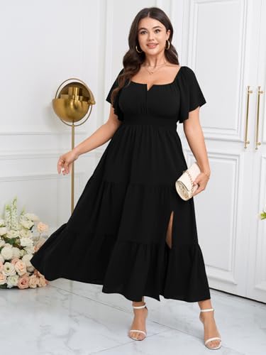 Image of SCOMCHIC Womens Plus Size Maxi Dress Formal Short Sleeve Square Neck Smocked Side Split Flowy A Line Tiered Long Dress