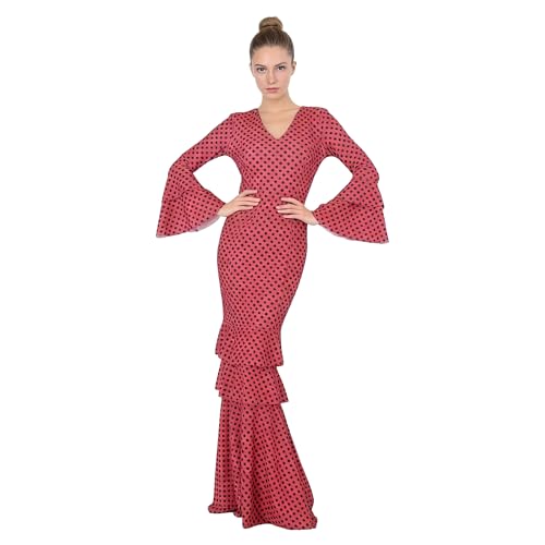 Vestido Flamenco Mujer Largo - Sevillana Adulto con Lunares y Mangas Acampanadas - Traje Andaluz Elegante para Feria y Baile (FR/ES, Letras, L, XL, Regular, Regular, Fondo Rojo con Puntos Negros)