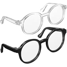 NUOBESTY 2Pcs Mini Doll Glasses for 15-20cm Plush Figures, Round Plastic Eyeglasses Costume Accessories, Tiny Sunglasses Props for Dressing 6-8 Inch Dolls, Black & Clear