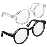 NUOBESTY 2Pcs Mini Doll Glasses for 15-20cm Plush Figures, Round Plastic Eyeglasses Costume Accessories, Tiny Sunglasses Props for Dressing 6-8 Inch Dolls, Black & Clear