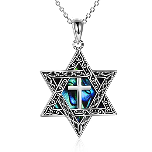 CRMAD Star of David Cross/Chai/Tree of Life/Peace Sign Necklace for Women Men Sterling Silver Cross Abalone Shell Jewish Jewelry