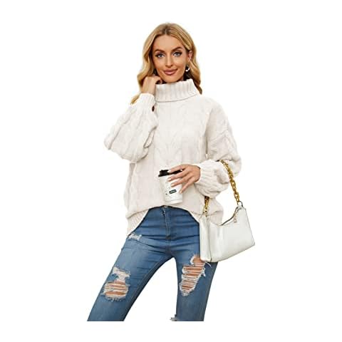Basicspace Damen 2022 Winter Herbst Solider Rollkragenpullover Stehkragen Lässiger Lockerer Ballon Langarm Strickpullover Zopfmuster Pullover Oberbekleidung Cover