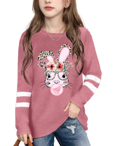 Image of LAZYCHILD Kids Easter Shirt Girls Happy Easter Shirts Rabbit Graphic Long Sleeve Striped Tee Tops 5-14 Years