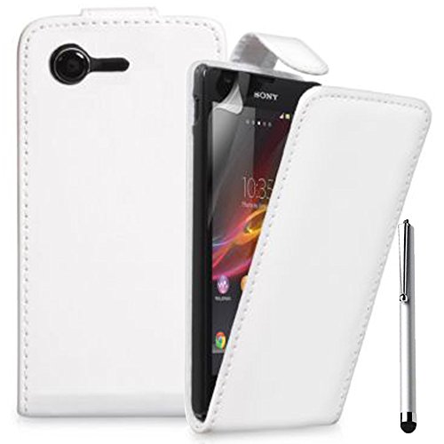 VCOMP® Housse Coque Etui Rabattable en Simili Cuir pour Sony Xperia M C1904/ C1905 + Stylet - Blanc