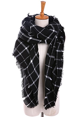 Bess Bridal Women's Plaid Blanket Winter Scarf Warm Cozy Tartan Wrap Oversized Shawl Cape (One Size, Black) - Thumbnail 6