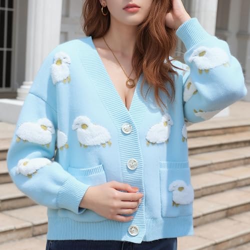 Image of FindThy Women's Kawaii Knitted Cardigan Long Sleeve Button Up Sheep Print Cute Sweater Cardigans