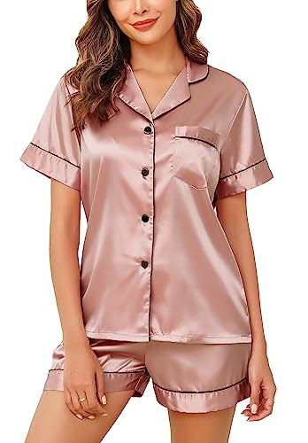 Vlazom Pigiama Donna Estivo Corto Pigiama 2 Pezzi a Maniche Corte Aperto avanti Bottoni,M,A-Rose Beige