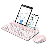 Bluetooth Tastatur mit Maus, 3 Kanäle Beleuchtete Kabellose Tastatur mit Tablet Halterung, Wiederaufladbare QWERTZ Funktastatur und RGB Maus für iOS/Android/Windows, Rosa
