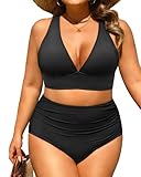 Plus Size High Waisted Bikini - Two Piece Swimsuit Tummy Control Bathing Suit Sexy V Neck Swimwear 2025 Black 18 Plus