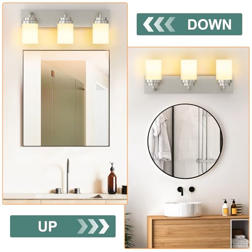 Image of IZORRO Bathroom Vanity Light Fixture, 3-Light 22 Inch Brushed Nickel Bathroom Light Fixtures Over Mirror, with White Glass Shade, Modern Farmhouse Vanity Lights, Rustic Restroom Lighting Fixtures