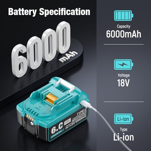 usb-c charging 18v 60ah replace for makita 18v battery compatible with makita 18 volt lithium battery bl1850 bl1840 bl1830 bl1860 with type-c inputoutput port 2pack