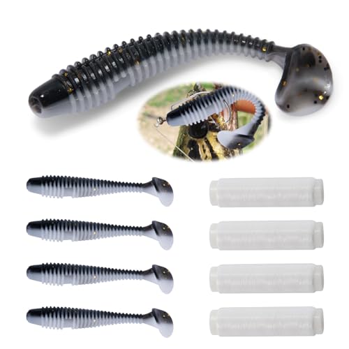 4 Pcs 0.15mm White Nylon Fishing Line 5 Pcs T-Tail Soft Bait Set Lightweight Durable and Low Visibility Fishing Line with Lifelike T-Tail Soft Lures for Freshwater and Saltwater Fishing