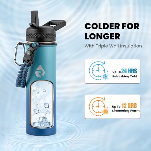 Image of RAYMYLO Insulated Water Bottle 20 oz, Triple Wall Vacuum Stainless Steel (Cold for 24Hrs, Hot for 12Hrs), Leak Proof & Non-BPA, Modern Water Bottle Jug for School with Straw Spout Lids