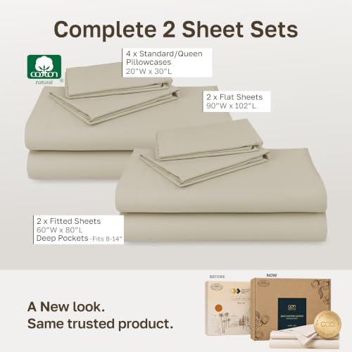 Image of 2-Pack Soft Natural 100% Cotton Sateen Bed Sheets Queen Size Sets