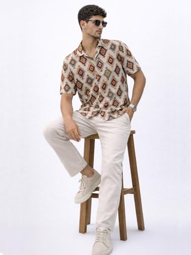 Image of Veirdo Men's Printed Camp Collar Shirt, Oversized Fit, Short Sleeve Casual Resort Wear, Button-Down Summer Shirt for Men, Cotton Fabric (Sizes S to 2XL)