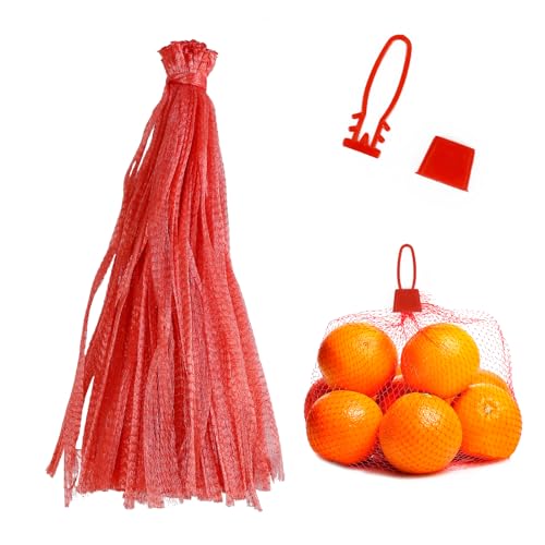 Mordx 100 Stück Netzbeutel zur Aufbewahrung von Obst und Eiern,mit Netzschnalle,wiederverwendbarer Netz Nylonbeutel,Netzbeutel zur Aufbewahrung von Obst,Gemüse und Meeresfrüchten,Reißfest, Rot