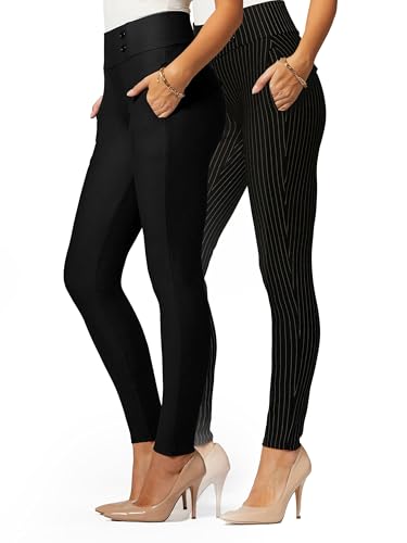 Conceited 2-Pack Stretch Slacks for Women - Wear to Work - Slim Leg Dress Pants with Pockets - All Pinned Up, Black - (Medium)