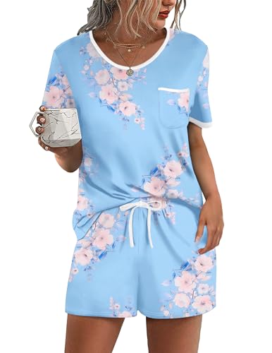Image of Ekouaer Pajama Set for Women 2 Piece Lounge Set Short Sleeve Tops and Shorts Soft Sleepwear, Chest Pocket