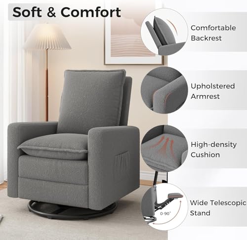 Image of Amopatio Swivel Glider Recliner for Indoor Nursery Rocker Chair Upholstered Single Sofa with Side Pockets and Footrest for Living Room Bedroom(Gray)